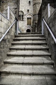 Old stone staircase, detail of medieval steps, history