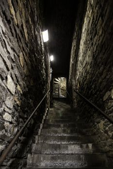 Old stone staircase, detail of medieval steps, history