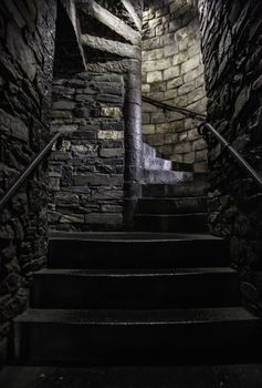 Ancient spiral staircases in a castle, detail of history