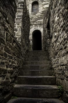 Old stone staircase, detail of medieval steps, history