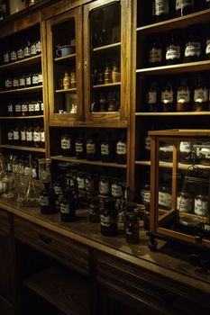 Old pharmacy with medicines, detail of old medicines