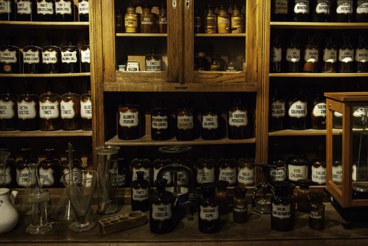 Old pharmacy with medicines, detail of old medicines
