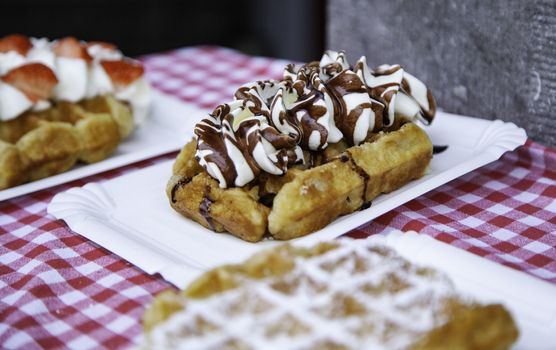 Typical waffles Belgian artisans, artisan dessert detail