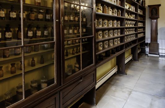 Old pharmacy in Bruges, detail of medieval medicine