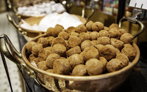 Typical Belgian artisan chocolate, typical product detail, Belgian food in Europe