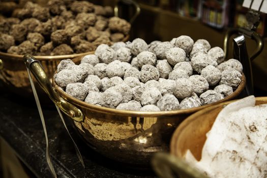 Typical Belgian artisan chocolate, typical product detail, Belgian food in Europe