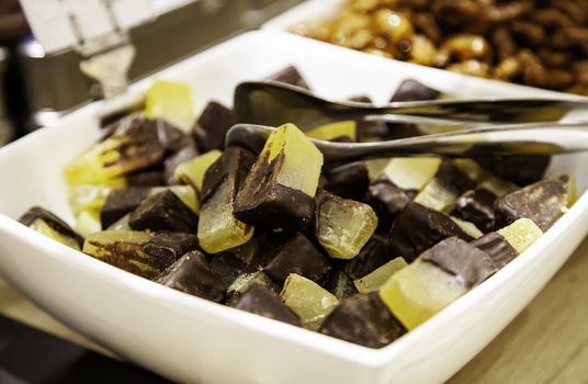 Typical Belgian artisan chocolate, typical product detail, Belgian food in Europe