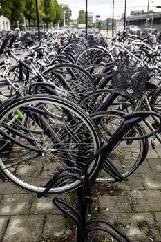 AMSTERDAM,NETHERLANDS - SEPTEMBER 06, 2018: Sunset in Amsterdam.Bicycle parking and traditional old dutch buildings.Flower market on Single canal, Netherlands