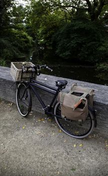 Bicycles parked in Amsterdam, transportation detail for people, tourism in Europe