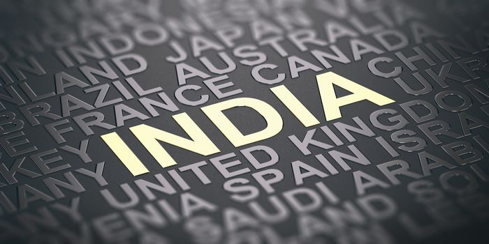 Focus on the word India written with golden letters and many other country names. 3D illustration.