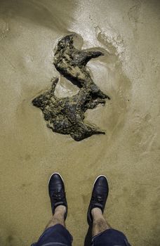 Feet with slippers on the beach, relaxing detail on the sea