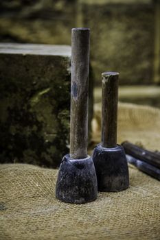 Old tools for carving stone of handmade way, detail of old manual craft