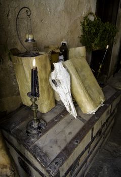 Old goat skull, detail of witchcraft and satan