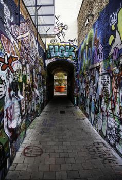 Street of graffiti in the city of Ghent, urban art detail