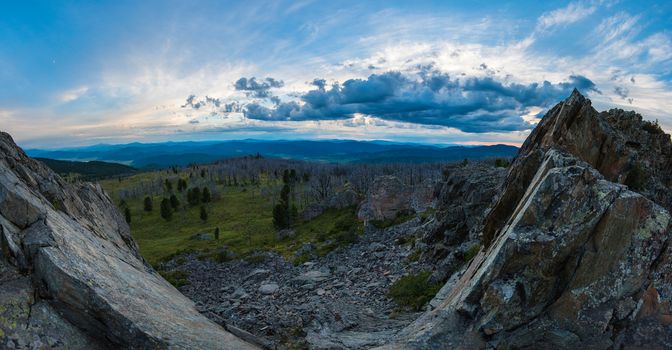 Beauty dawn on the peak, in the mountain pass in Altay, more than 2000 m