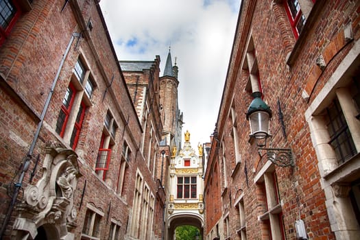 House typical of bruges, detail of medieval houses, tourism in Belgium, Europe