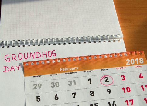 Groundhog day February calendar, Notepad with date 2 Feb.