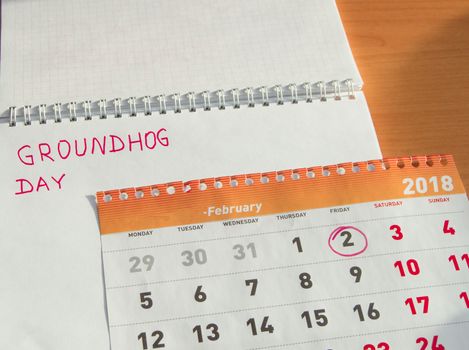 Groundhog day February calendar, Notepad with date 2 Feb.