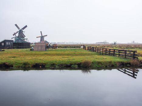 Historic windmills at Zaanse Schans ,neighborhood in the Dutch town of Zaandam, near Amsterdam,  The Netherlands.