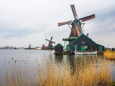 Historic windmills at Zaanse Schans ,neighborhood in the Dutch town of Zaandam, near Amsterdam,  The Netherlands.