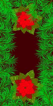New Year, Christmas, Winter Holidays. Banner, invitation, flyer. Frame made of fir and holly branches. Poinsettia. Burgundy background Vertical layout