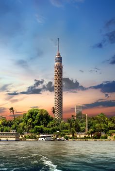 Tall TV tower in Cairo near Nile