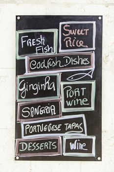 Sign typical food of Portugal, detail of a menu