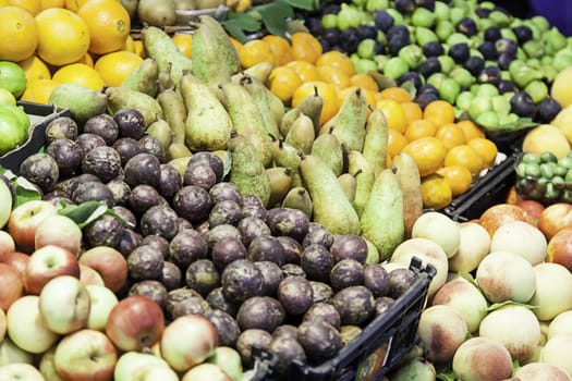 Fresh fruits in a market, detail of a food stall