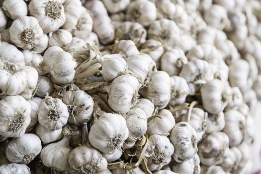 Fresh garlic on a market, detail of raw vegetables
