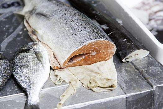 Salmon in a market fresh detail fish fresh, healthy food
