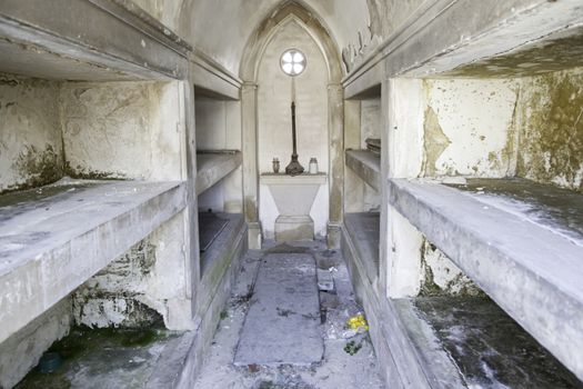 Coffins in a cemetery, detail of a typical Lisbon cemetery, death and religion