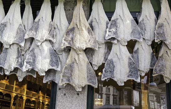 Dried cod in Fish shop, food and industry