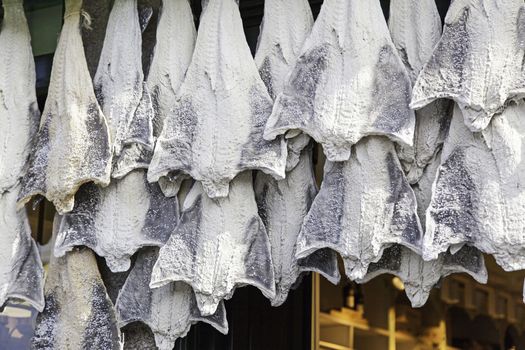 Dried cod in Fish shop, food and industry