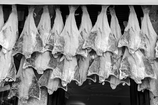 Dried cod in Fish shop, food and industry