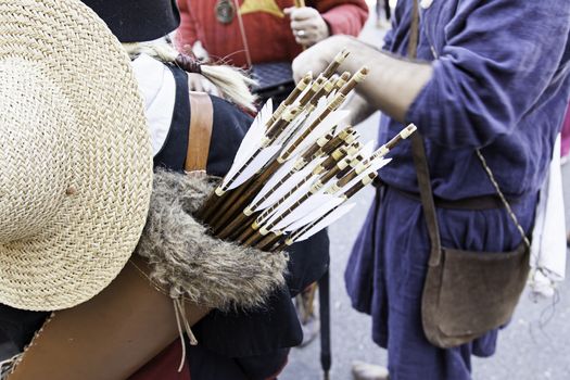 Medieval arrows, detail of weapon, bow