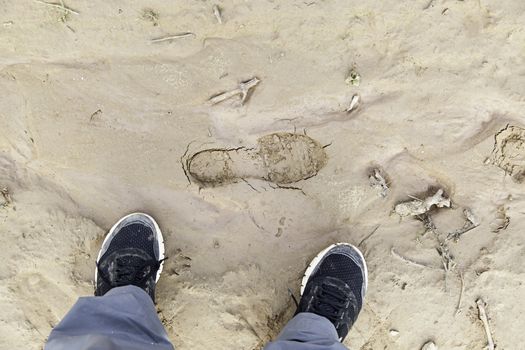 Feet floor, detail of walking boots
