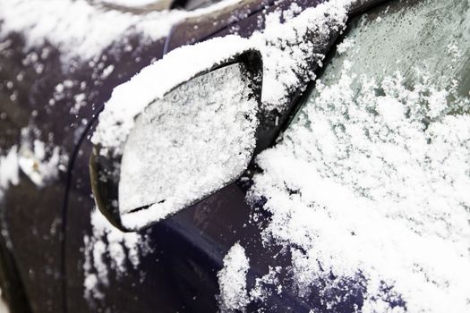 Snow on a glass, detail of snow in the winter, cold and ice