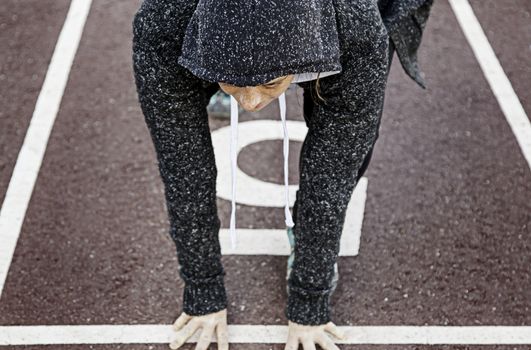 Woman on athletics track, sport and training, excercise