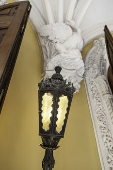 Antique wood lamp, detail of old lighting, decoration