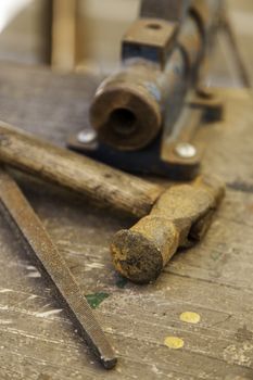 Tools for wood, detail of a carpenter's table, manual work