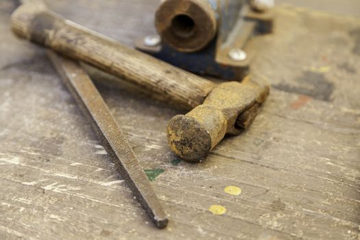 Tools for wood, detail of a carpenter's table, manual work