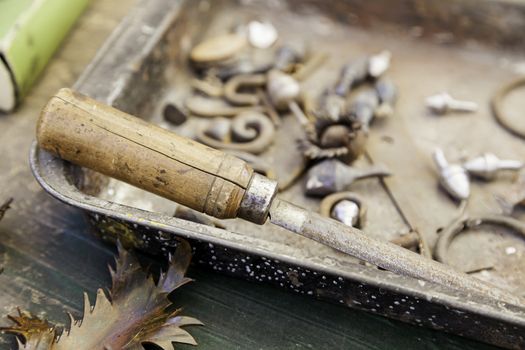 Tools for wood, detail of a carpenter's table, manual work