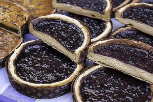 Homemade cakes, detail of sweet desserts in a homemade market