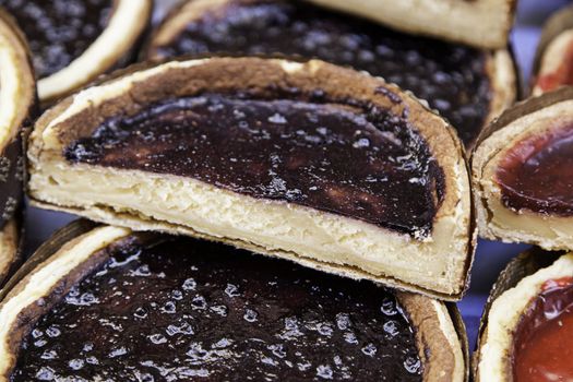 Homemade cakes, detail of sweet desserts in a homemade market