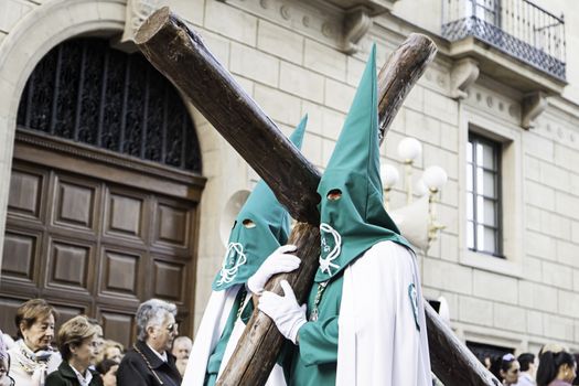 LOGROÑO, LA RIOJA, SPAIN - APRIL 15: Holy Week, religious tradition procession with people in typical costumes, on April 15, 2017 in Logroño, La Rioja, Spain