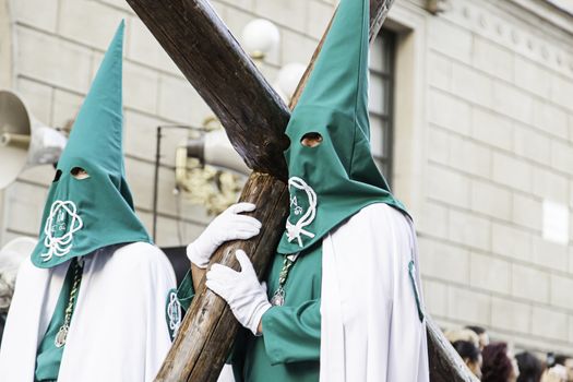 LOGROÑO, LA RIOJA, SPAIN - APRIL 15: Holy Week, religious tradition procession with people in typical costumes, on April 15, 2017 in Logroño, La Rioja, Spain