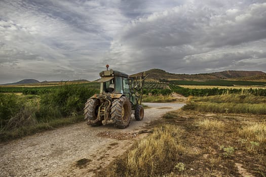 Tractor, field, detail of agricultural machinery, work in the field