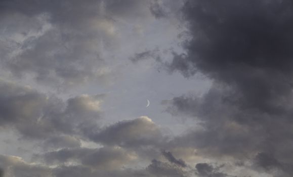 Cloudy sky with moon, detail of a rainy day, moon at night