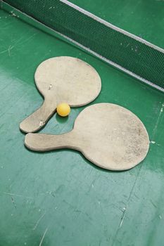 Classic wooden ping pong, detail of a game of action, sport and fun