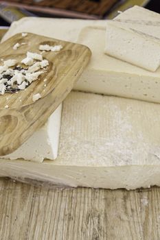 Cheese, market, detail of a place of sale of cheese, product laceto artisanal